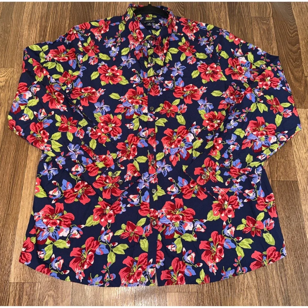 Lands' End Womens 16 Navy Blue Floral No Iron Supima Cotton Button Down Shirt - Picture 1 of 7